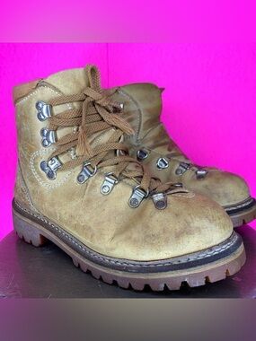 Vintage Dunham Tan Leather Chunky Lug Sole Steel Toe Hiking Boots US 6.5
